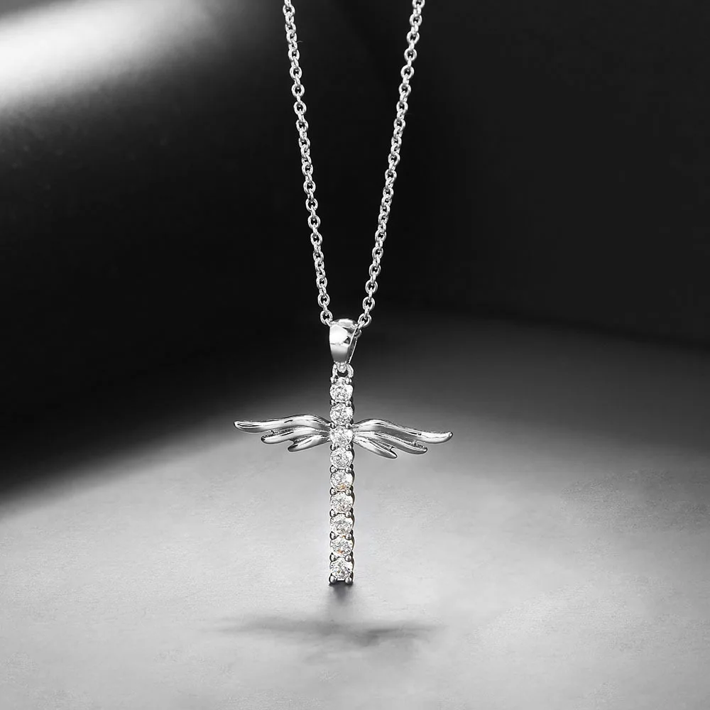 

Simple Cross Pendant Necklace For Women Korean Angel Wings Cross Zircon Fashion Silver Color Choker Chain Gift Jewelry Wholesale