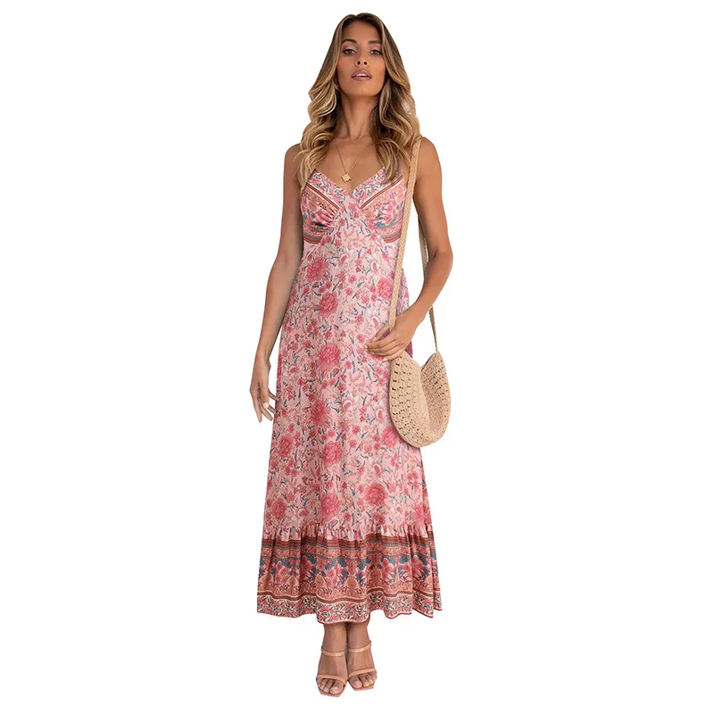 

2021 summer new women's Bohemian suspender Floral Dress