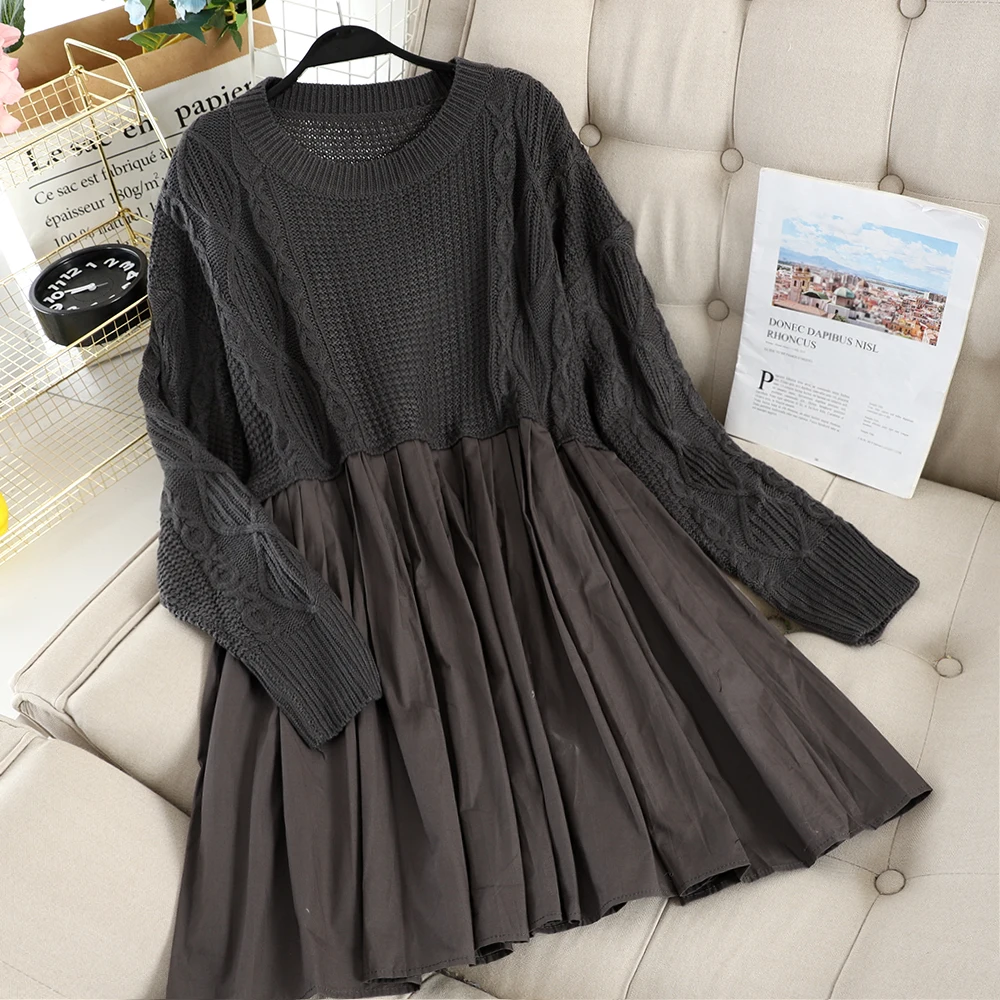 SINGRAIN Large Size Women Knitted Dress Winter Casual A-Line Warm Thick College Style Dresses Long Sleeves Korean Pleated |