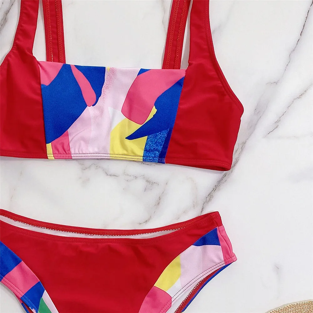 

Sexy Bandeau Splicing Printed Bikini 2021 Swimsuit Women High Cut Bikini Set Swimwear Female String Knot Bathing Suit FD07swim