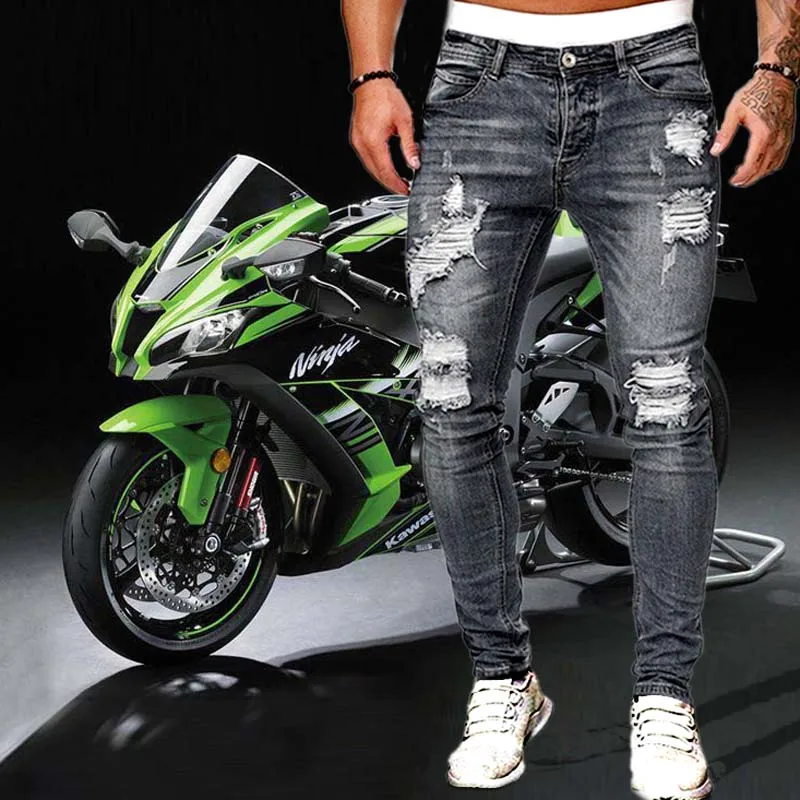 

Mens Ripped Skinny Jeans Blue Slim Fit Hole Pencil Pants Casual Biker Trousers Streetwear 2021 High Quality Denim Man Clothing
