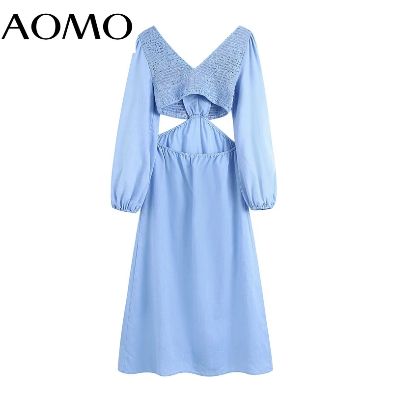 

AOMO Fashion Women Blue Cut-out Dress New Arrival Long Sleeve Ladies Long Dress CE219A