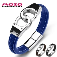 fashion classic men bracelet leather stainless steel charm bracelet personality handcuffs punk jewelry bracelet blue 117