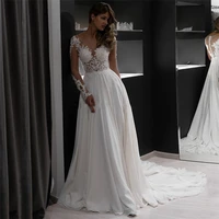 2020 sheer long sleeves appliques lace wedding dresses chiffon buttons bridal gowns beading sequins vestidos de mairee