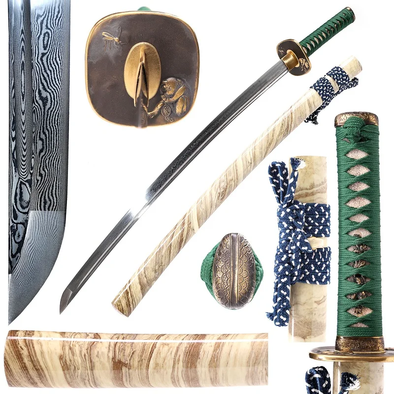 

Japanese Katana Damascus Steel Monkey Tsuba Sharp Edge Oil Quenched Hand Fine Grinding Full Tang Battke Ready