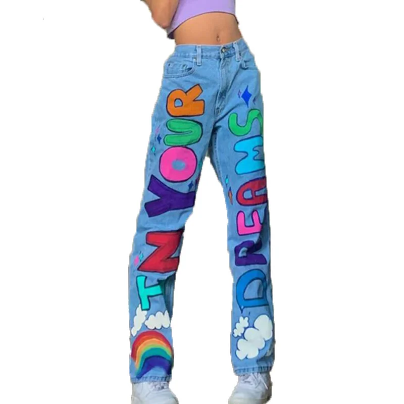 

SHZQ Colorful Letter Print Straight Leg Jeans Women Spring Casual Loose High Waist Wide Leg Jeans Women Blue Denim Pants Pantalo