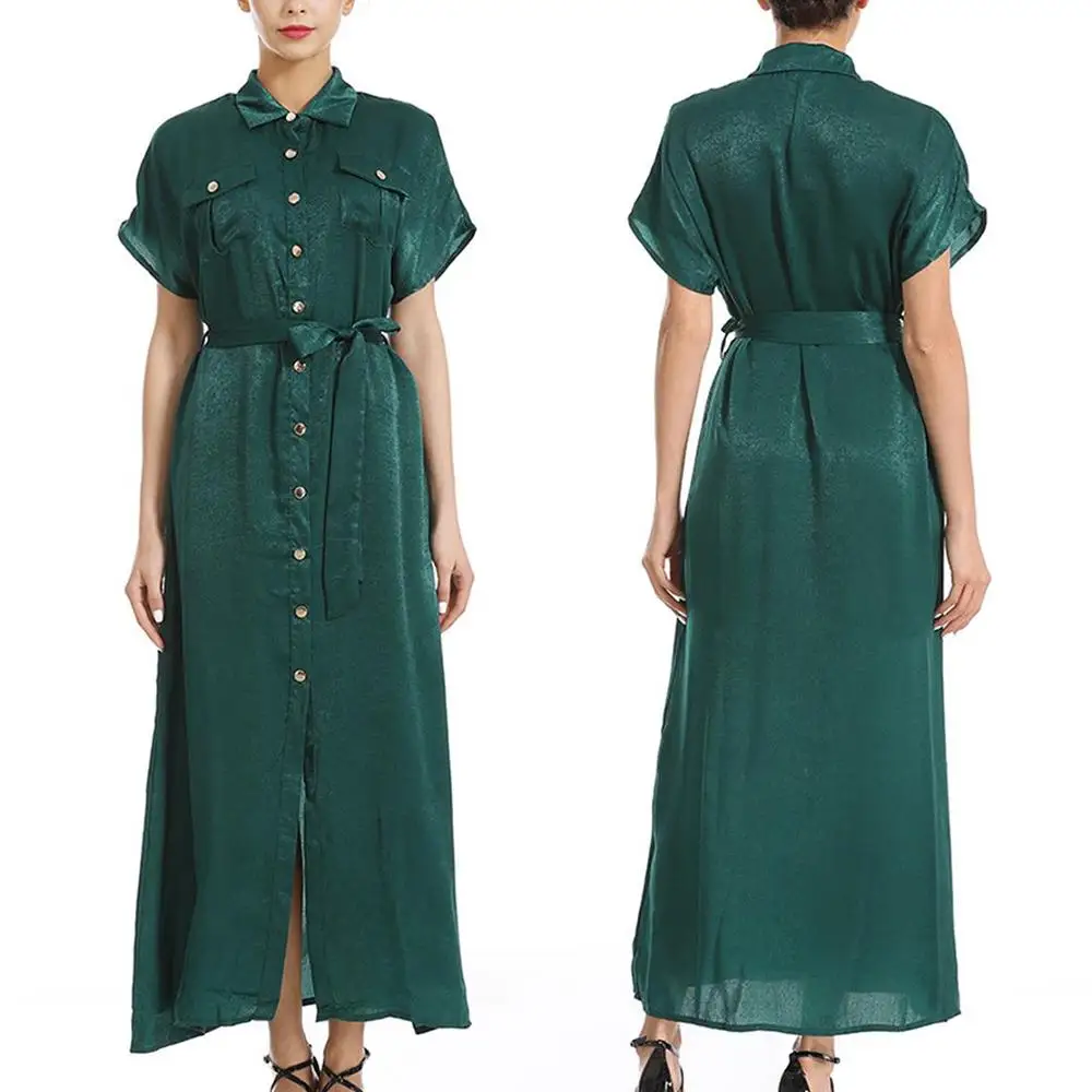 

Buttons Shirt-dress Summer Solid Color Loose Short Sleeve Dress Women Ladies Belt Casual Maxi Dresses