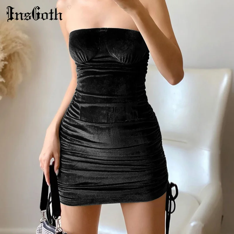 Женское бархатное мини платье InsGoth винтажное черное с открытыми плечами