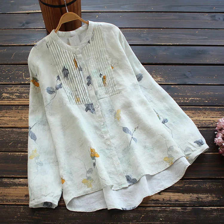 

2021 Spring Autumn Stand Collar Pleated Linen Printed Shirt New Women Artistic Retro Long Sleeve Top Button Up Simple Blouse