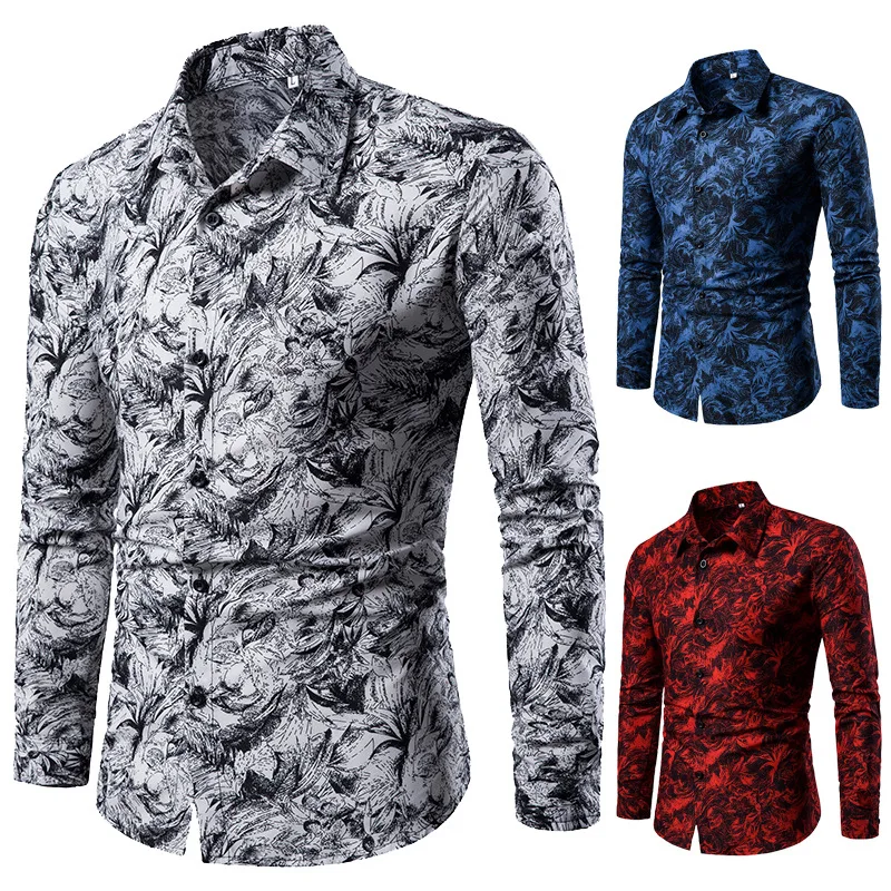 

Autumn and Winter Men's Shirt Printed Casual Long Sleeved Shirt Slim Fit Male Social Dress Shirt For Men