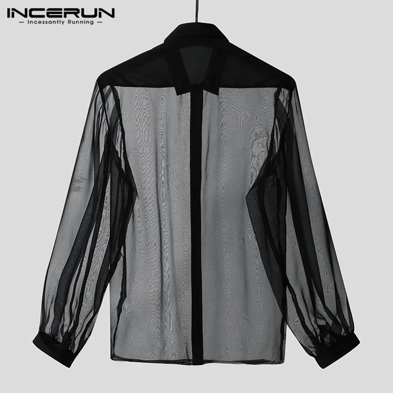 INCERUN Men Mesh Shirt Transparent Long Sleeve Lapel Collar Sexy Party Nightclub Fashion Blouse Streetwear 2022 Camisa Masculina