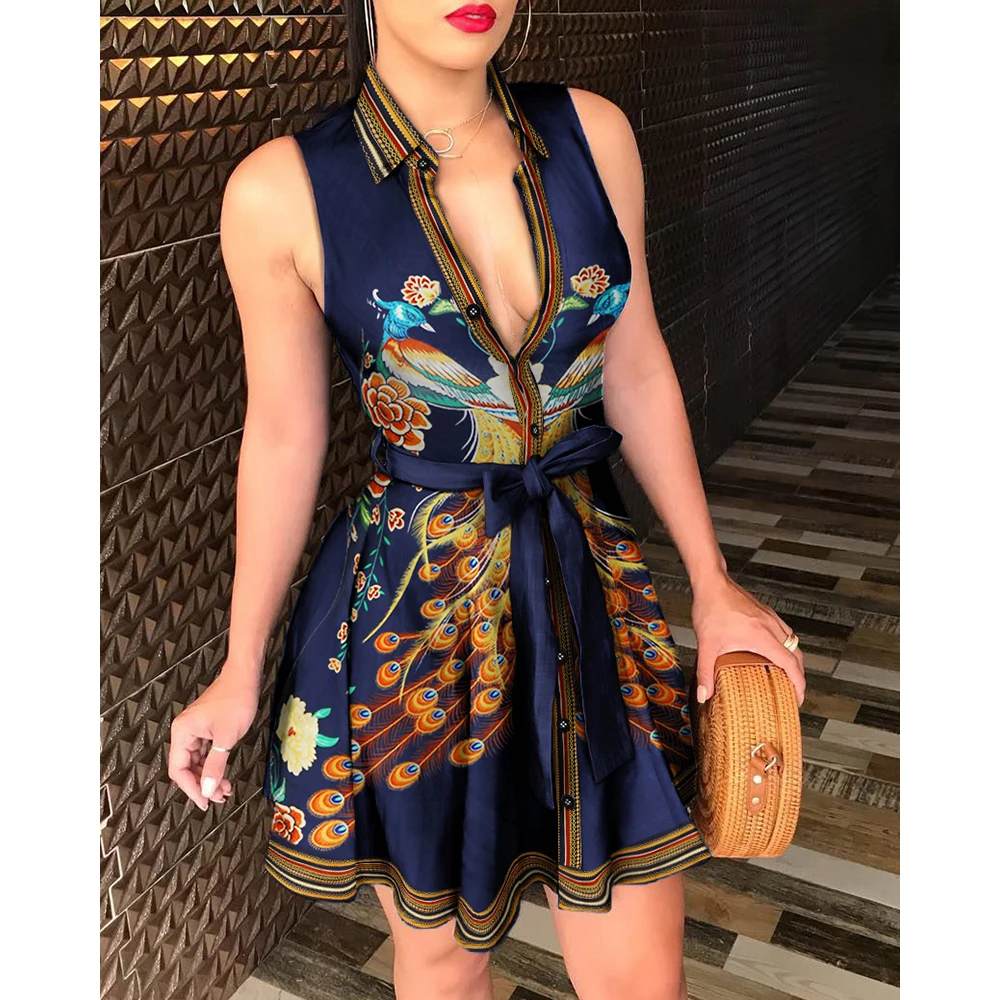 

Mini Shirt Dress Women Peacock Print Sleeveles Elegant Sashes V-neck Vestidos Sexy Turn Down Neck Streetwear Female Vestido