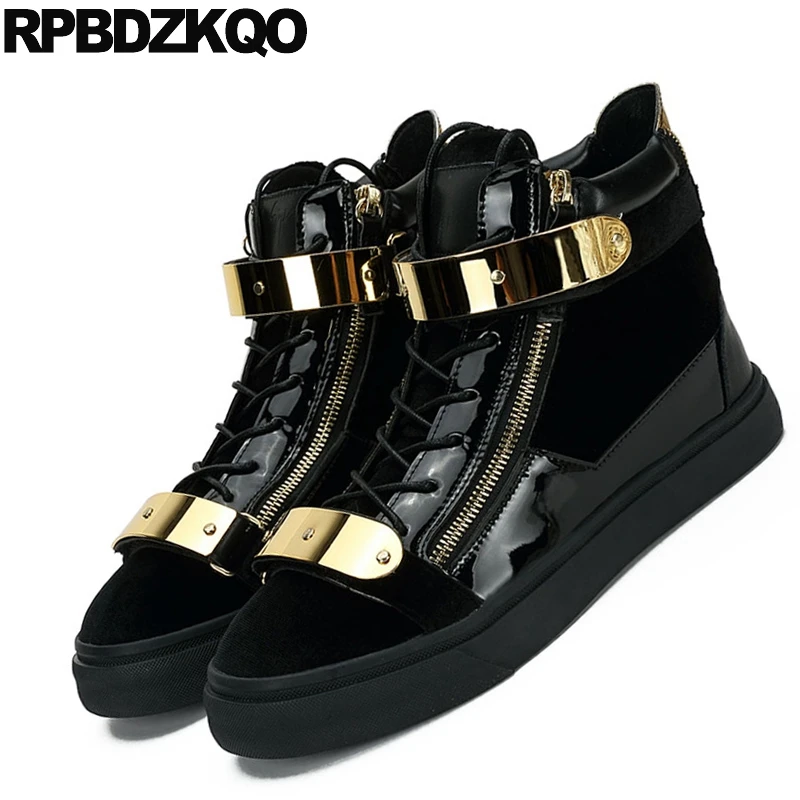 Панк кроссовки мужские черные ботинки из лакированной кожи на молнии обувь для