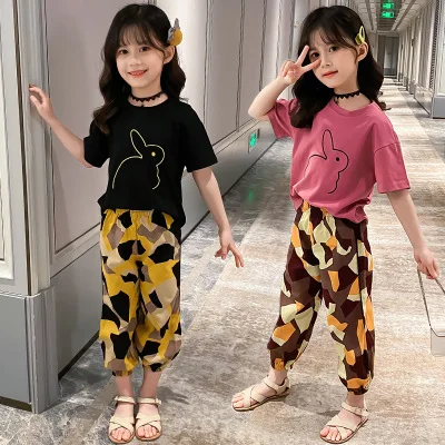 

5-10 year old girl new net red suit summer fashion in the big girl children graffiti printing short sleeve suit clothes tide