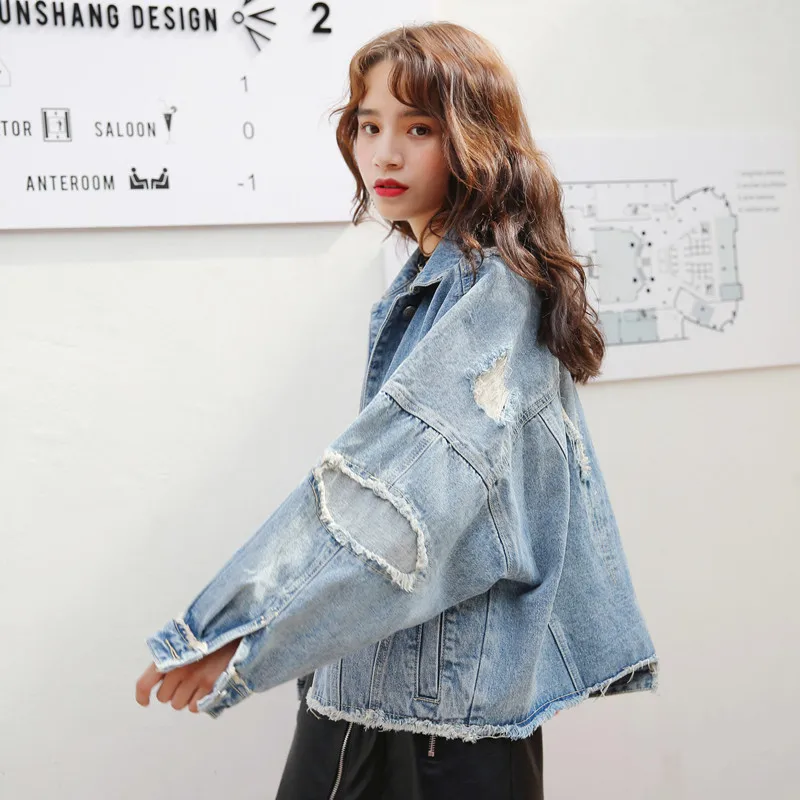 Индивидуальная рваная Свободная джинсовая куртка для женщин Harajuku Boyfriend Стиль