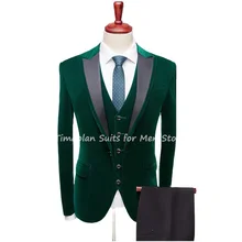 3 pçs jaqueta de veludo verde escuro calças colete pico lapela blazer padrinhos melhor homem ternos para casaco de casamento + calças + colete (4)