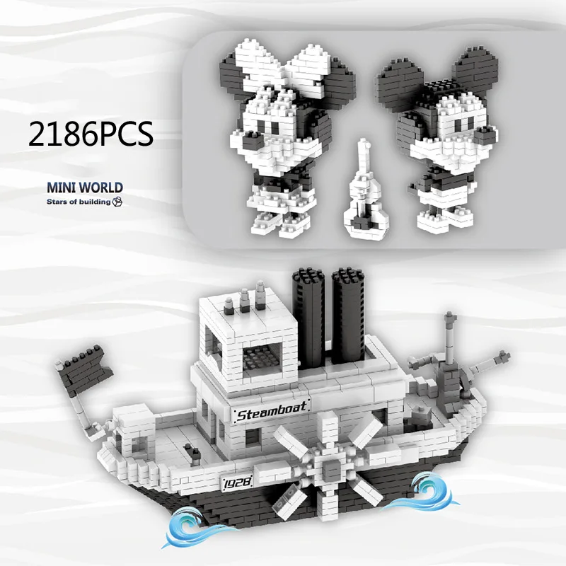 

Disney Steamboat Willie nanobrick 1928 cartoon figures micro diamond block black white Minnie Mickey Mouse building brick toys