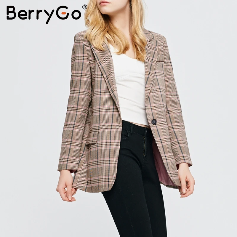 BerryGo плед длинный рукав женский пиджак пальто осенний офисный Блейзер Куртка