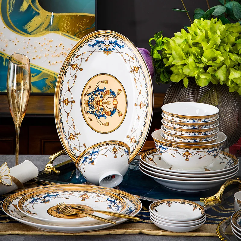 

Jingdezhen 60 head bone china tableware, gold bowl and dish set, household bowl and dish set, European Ceramic Gift tableware