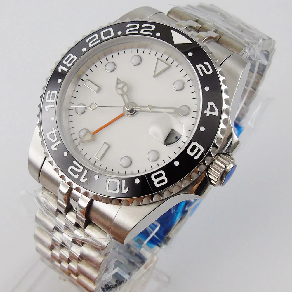 

40mm White Sterile Dial Automatic Men's Watch Ceramic Bezel Date Mechanical Orange GMT Jubilee Strap Sapphire Glass Deployment