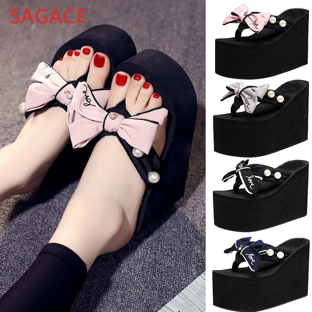 SAGACE/женские сандалии для девочек Вьетнамки на танкетке с бантом и жемчугом