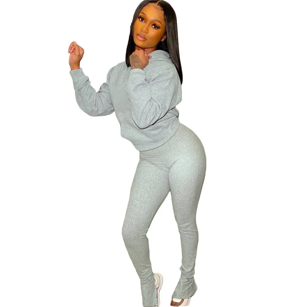 

Solid Sportwear Workout Slim Outfit Women Long Sleeve Hooded Pockets Sweatshirt Hoody+split Hem Skinny Legging 2 Piece Tracksuit