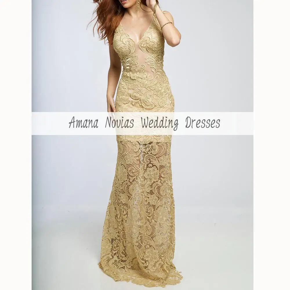 

2019 Champange Spaghetti Straps V-Neck Lace Illusion Sweep Train Evening Dresses Sweep Train Cheap Lace Custom-Made Prom Dresses