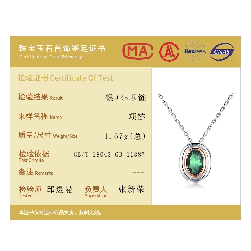 

100% 925 Sterling Silver Fashion Elegant Oval Pendant Necklace Woman Green Zircon With Long Chain Necklace Wedding Jewelry
