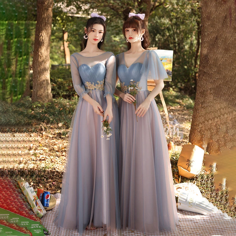 

Bridesmaids Dresses Vintage Three Quarter O-Neck Crystal Embroidery Pleat Luxury Purple Lace Tulle Women Wedding Party Gown E412