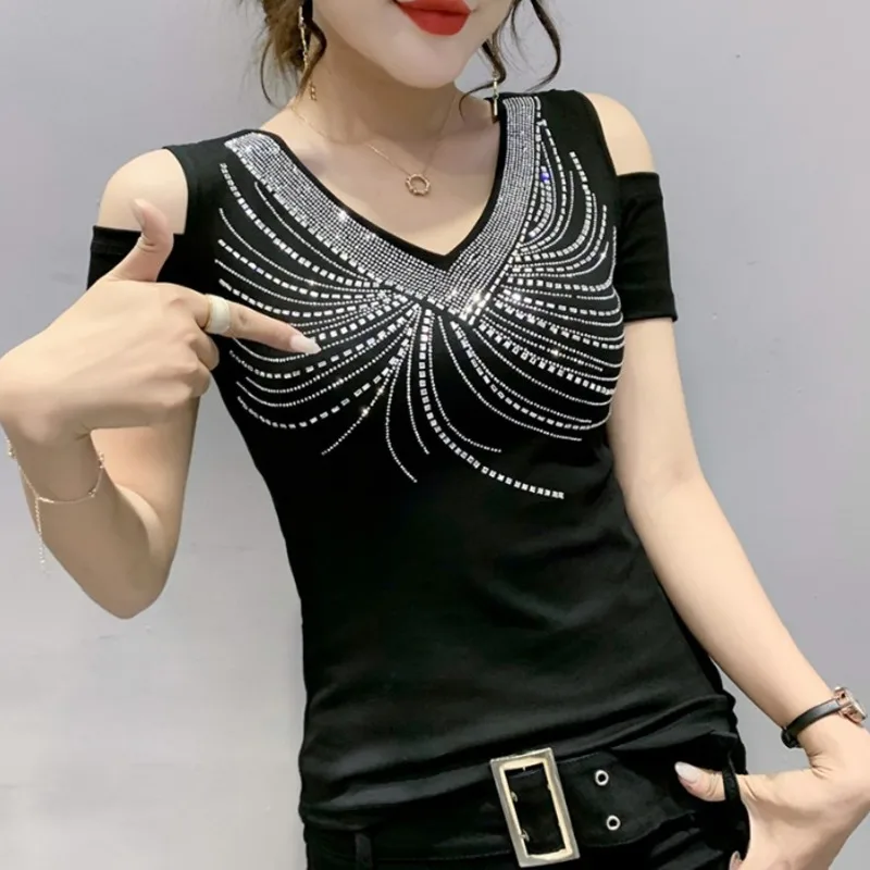 

#6095 Black Off Shoulder T Shirt Women With Diamonds Sexy Basic T Shirt Female V Neck Slim Korean Style Skinny Women T Shirt