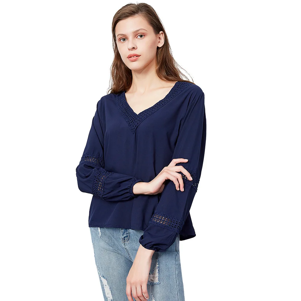Базовые Топы женские с рукавом фонариком свободные блузки v образным вырезом