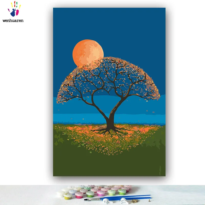 DIY картинки для раскраски по номерам с цветами под луной дерево рисунок картины в