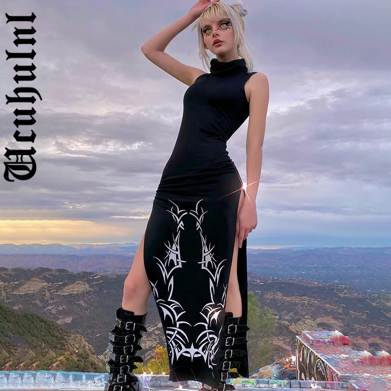 Ucuhulnl Turtleneck Gothic Punk Black Midi Dresses Grunge Aesthetic Slim Print Women Praty Dress Sexy Emo Clubwear Alt Clothes