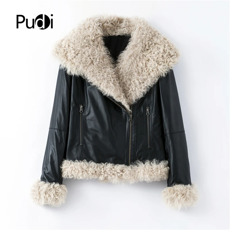 

Women's Winter Motorcycle Genuine Leather Overcoat Leisure Female Real Sheep Fur Coat Jacket Overcoat Cloth B401707