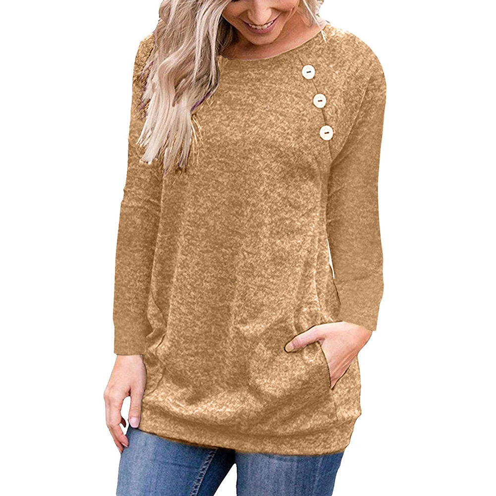 

Women Solid Color Long Sleeve Crew Neck Button Casual Pullover Blouse Knitwear