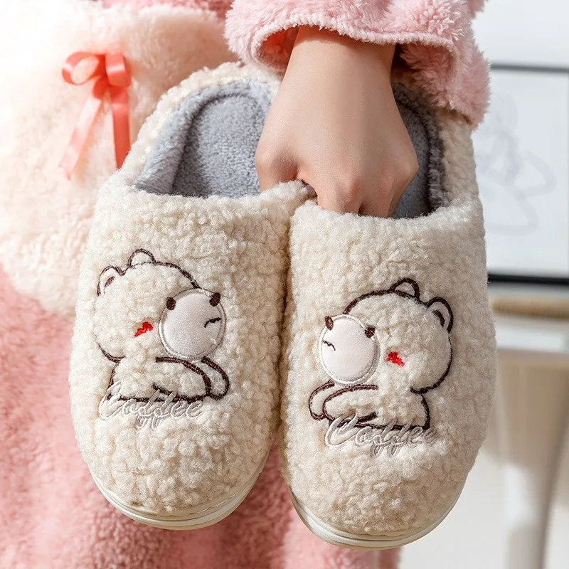 

Women Men Winter Warm Slippers Embroidery bear House Thick Soled Cotton Shoes Home Indoor Couple boys Girls Non-slip Fur Slides