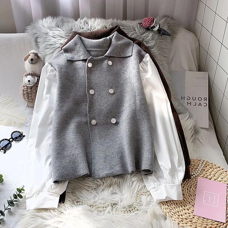 

Свитеры для женщин, новинка 2020, модная одежда в Корейском стиле, имитация двух вязаных кардиганов в стиле пэчворк, женская одежда, двубортно...