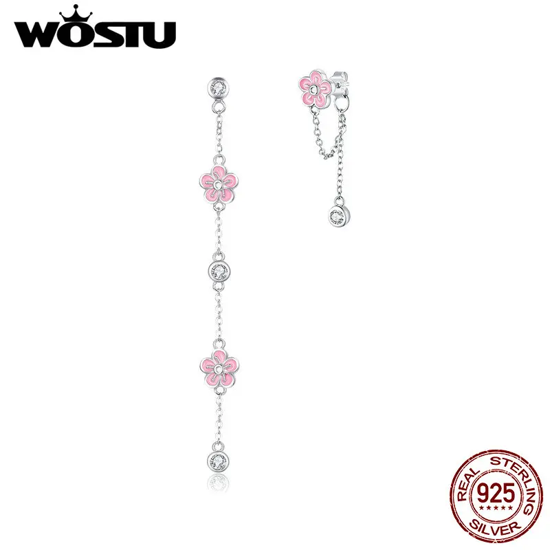 WOSTU 925 пробы серебряные серьги в виде цветка сакуры розовые длинные серьги из циркония для женщин Свадебные Роскошные ювелирные изделия CTE057