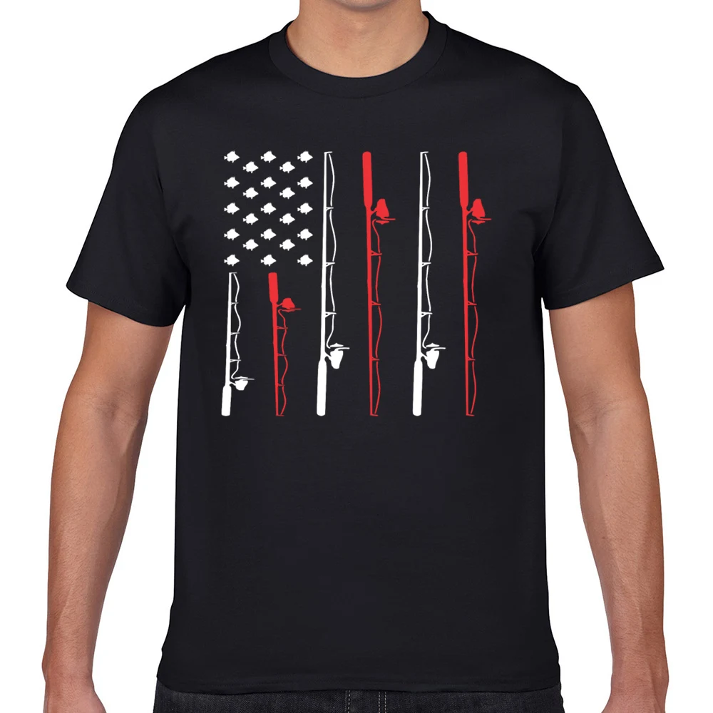 

Tops T Shirt Men fishing pole american flag Design Black Geek Short Male Tshirt
