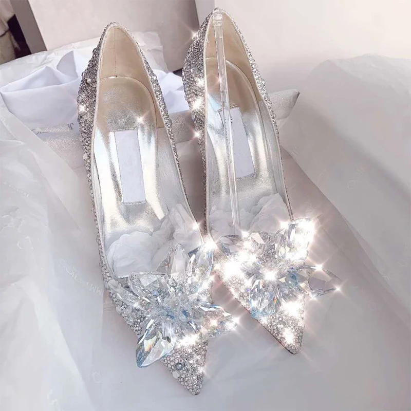 

Jc 2021 Cinderella crystal shoes with pointed high heels wedding shoes with fine heels bride shoes rhinestone bridesmaid