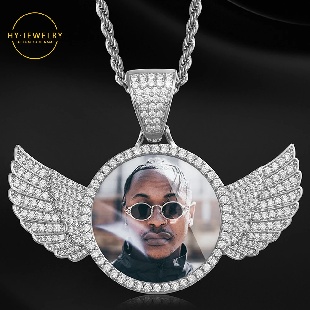 

Personalised Custom Made Photo/ Crystal Angel Wings Pendants Necklaces 3Colors Gold Cubic Zircon Men's Hip Hop Jewelry With Box