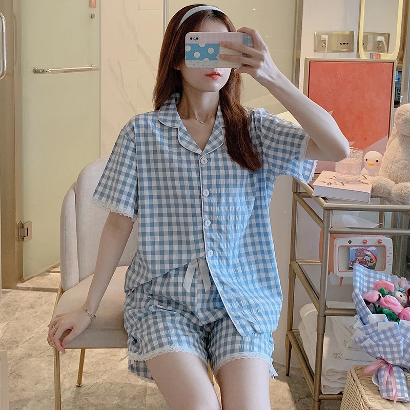 

Women Cotton Pajamas Set Plaid Couple Sleepwear Short Sleeve Pyjamas Leisure Sleepwear For Men Loose Nightwear Homewear Suit