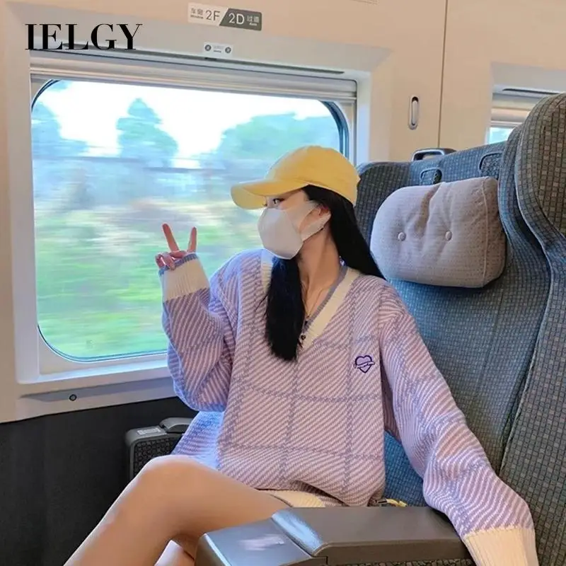 

IELGY purple V-neck plaid loose knit top women
