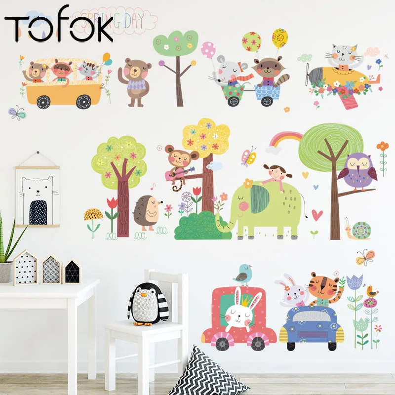 

Tofok Cartoon Cute Forest Elephant Bear Rabbit Wall Stickers for Kids Room Baby Room Early Education Wall Decoration Decals