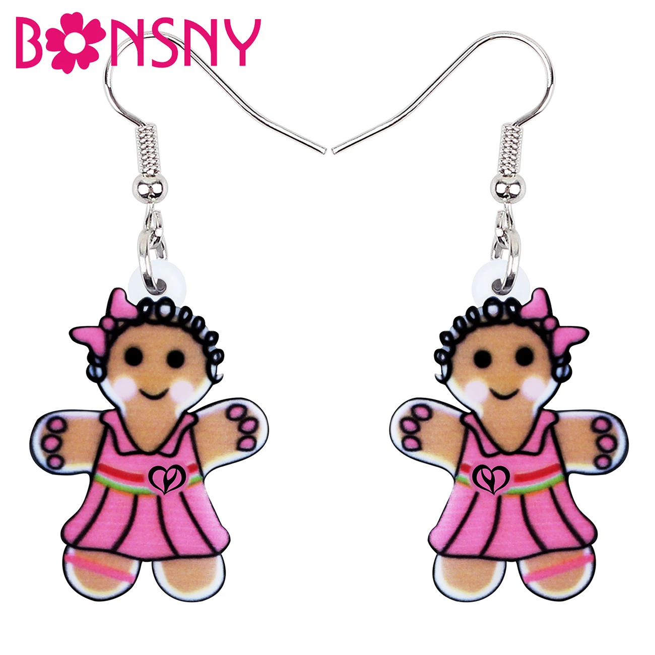 BONSNY Acrylic Sweet Christmas Pink Dress Girl Gingerbread Man Earrings Drop Dangle Fashion Jewelry For Women Teen Charms Gifts