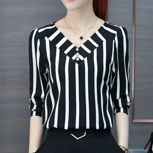 Spring Women V-neck Striped Seven-quarter Sleeves Shirt & Blouse Female Bottoming Pullover Shirt & T