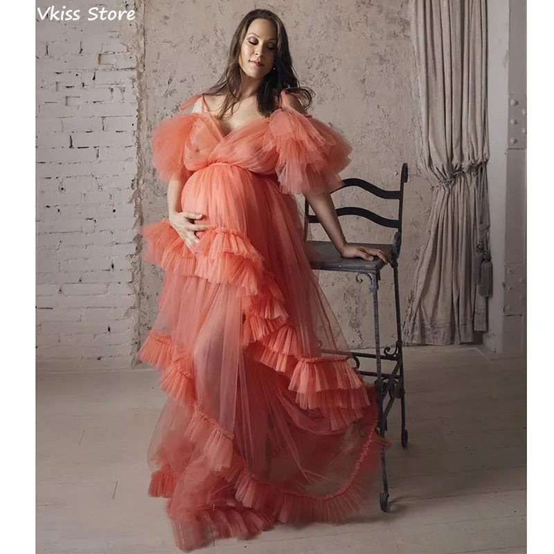 

Вечернее платье на бретелях-спагетти, оранжевое Тюлевое иллюзионное платье с V-образным вырезом для фотосъемки в несколько рядов, платье для выпускного вечера, праздничные платья