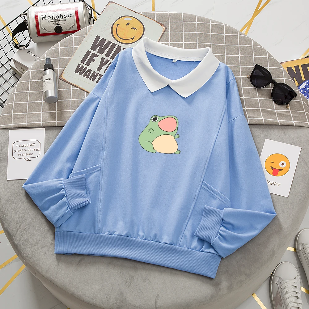 Cute Sweatshirt No Hood Sweetshirt Kpop Clothes Hoodies Kawaii Frog Printing Cotton Thin Long Sleeve Shirt with Hoodie for Women