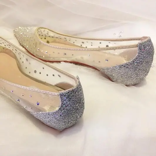 

Ollymurs flats women Bling Leather Cover Mesh Crystal Studs Lace Wedding Party Shoes Woman Color