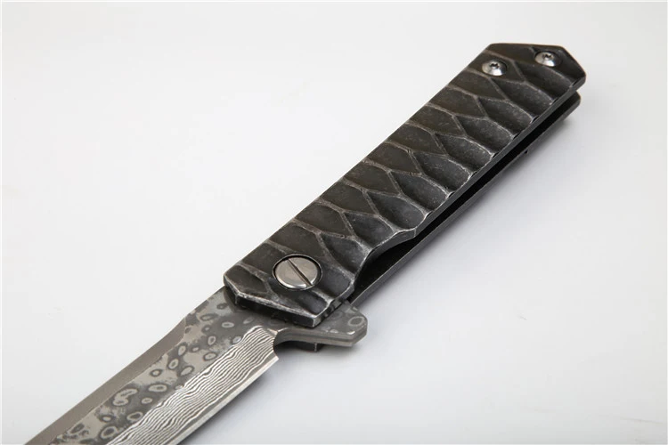 

High quality Damascus T head folding knife all steel anti-skid pattern handle 57HRC camping survival EDC hunting knife gift